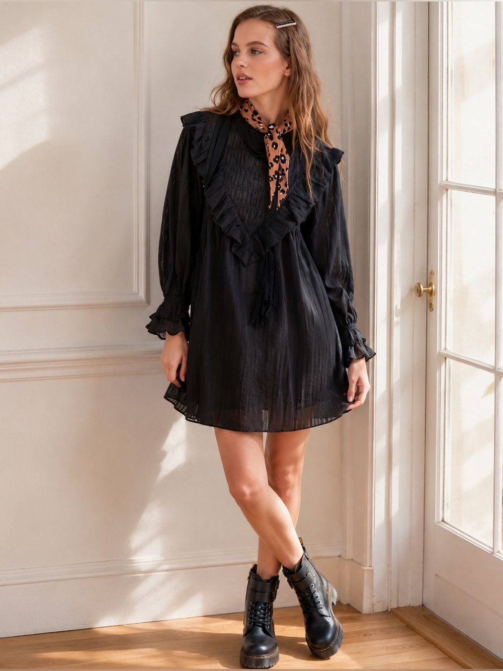 URBAN OUTFITTERS Black Pepper Ruffle Bib Babydoll Peasant Mini Dress